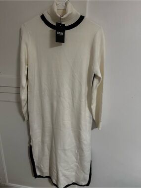 STYLEWE Cream Knit Turtleneck Dress with Black Trim